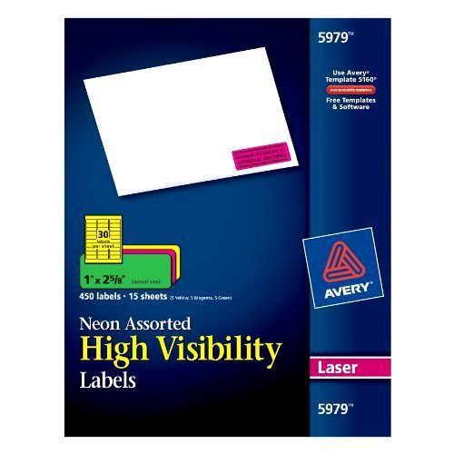 Avery Neon Laser Labels, Rectangle, Assorted Fluorescent Colors, 1 x 2-5/8, 450/