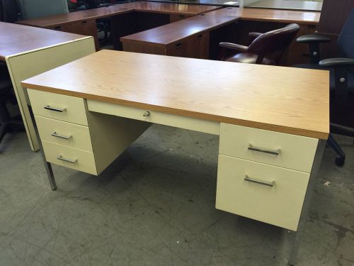 Metal desk by steelcase 3200 series w/ light oak color laminate top for sale