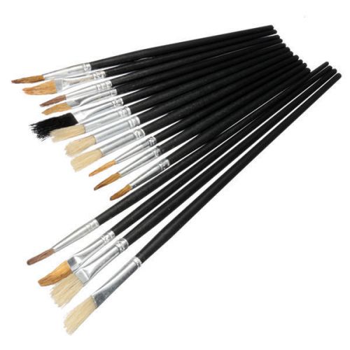 New 15pcs Paint Brushes Set For Oil Watercolors Acrylic Art Round &amp; Flat Pointed
