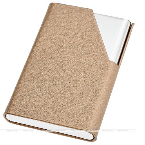 Quality Simple Gold PU Leather+Stainless Steel Name Business Card Case Holder