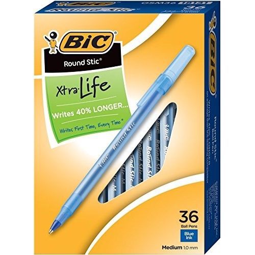 BIC Round Stic Xtra Life Ball Pen, Medium Point (1.0mm), Blue, 36-Count
