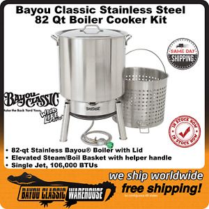 Bayou Classic 82 Qt Stainless Steel Boiler Cooker Kit Stockpot Lid Burner Basket