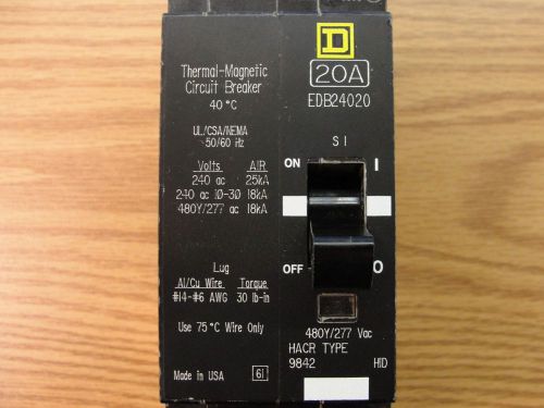 &#034;square d edb24020 - 2 pole - 20 amp - 240/480y/277v  ac bolt in breaker used for sale