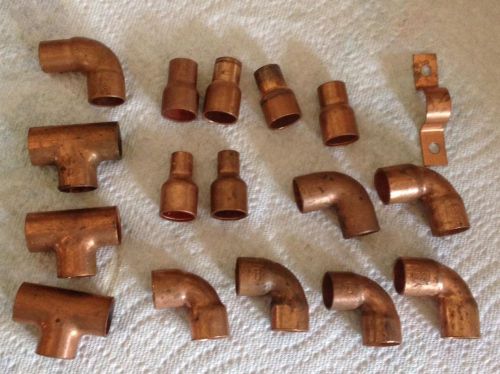 Lot 3/8&#034; COPPER PRESSURE FITTINGS ~ 5 Reducers 6 Elbows 4 Tees 1 Strap 1 Elbow