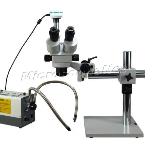 3.5x-90x boom stand stereo zoom trinocular microscope+r&amp;y fiber lights 2mp cam for sale