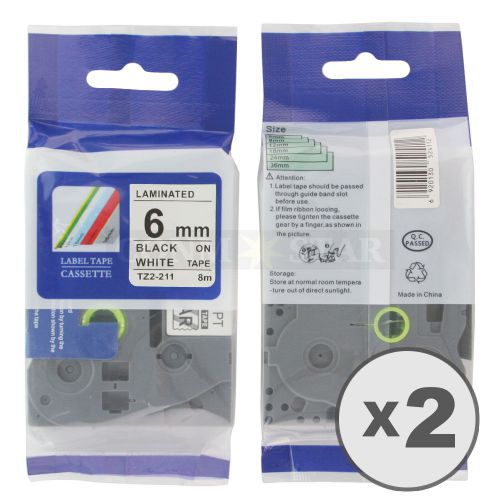 2pk white on black tape label compatible for brother p-touch tz tze 211 6mm 1/4&#034; for sale