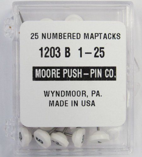 Moore Push-Pin 1203-B-1-25 Numbered Map Tacks  White