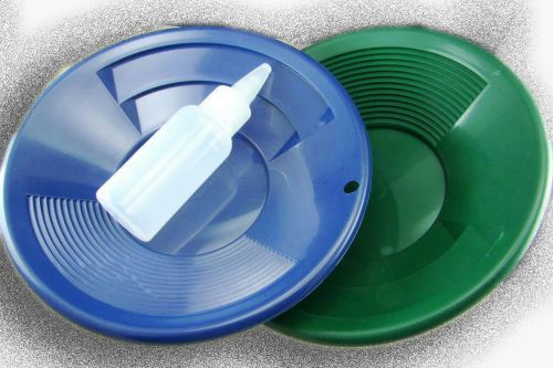 Lot of 2 - 8&#034; Blue &amp; Green Gold Pans w/ Bottle Snuffer-Panning Kit-Prospecting