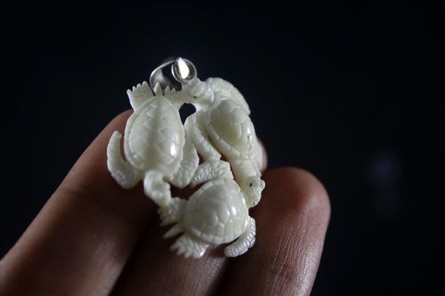 Carved Bone pendant 3 Turtles handmade Jewelry  w 925 Silver Bail #2