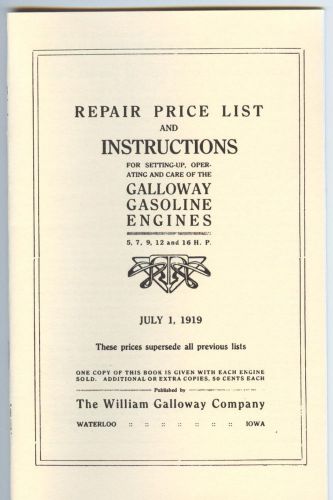 Galloway Gasoline Engine Instructions &amp; Parts List 1919 Manual 5 7 9 12 16 HP
