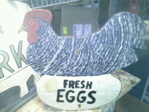 Folk art wooden Fresh eggs advertising Sign chicken Rooster sitting on EGG