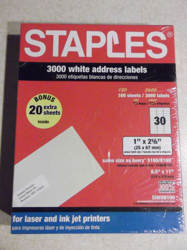 Staples Laser/Inkjet 3000 Address Labels Avery 5160 / 8160 1&#034; x 2 5/8&#034; Extra 600