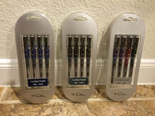 TUL Rollerball Pens 0.7mm Fine Med Point Black Ink Blue Needle Pack 4 Assorted