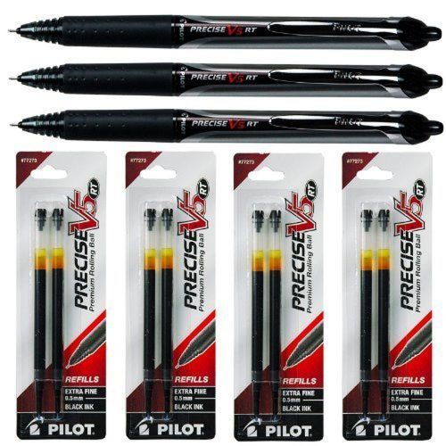 Pilot Precise V5 Rt 3 Pens 26062 with 4 Packs of Refills Black Ink 0.5mm X-fine