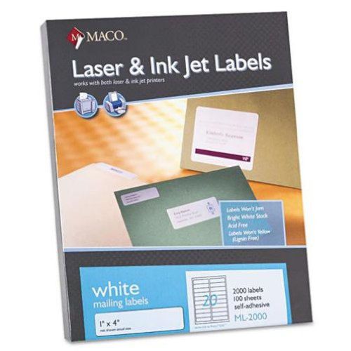 MACO Laser/Ink Jet White Address Labels 1 x 4 Inches 20 Per Sheet 2000 Per Bo...