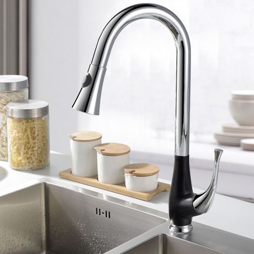 18&#034; single handle pull-down spray kitchen sink faucet black chrome swivel spout for sale