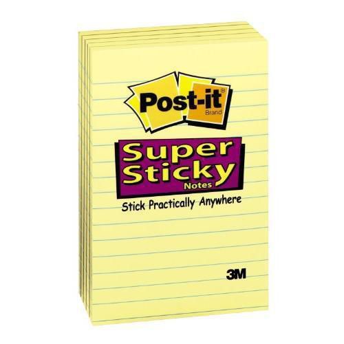 Post-It Super Sticky Notes, 4 in x 6 in, Canary Yellow, Lined, 5 Pads/Pack, 90