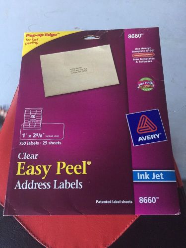 New Avery 8660 Clear Inkjet  Address Labels 1&#034; X 2 5/8&#034; 25 sheets; 750 labels