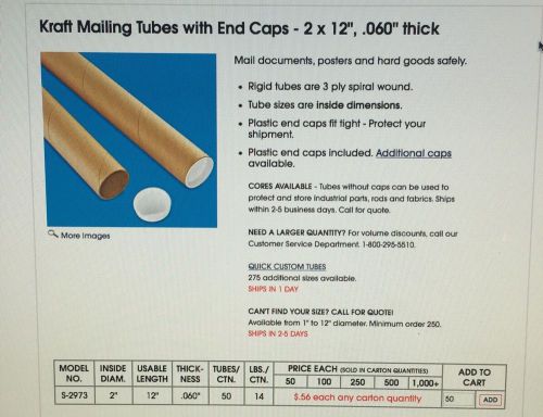 Kraft Mailing Tubes with End Caps - 2 x 12&#034;, .060&#034; thick NIB ; Quantity 200