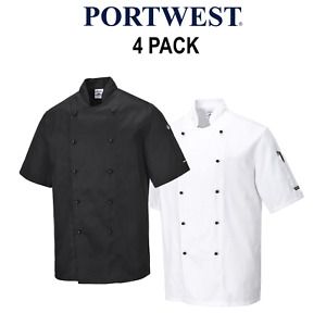 Portwest 4 Pack Mens Kent Chefs Jacket Mandarin Collar Durable Comfort Work C734