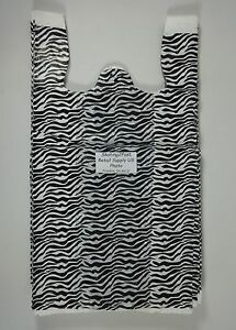 100 Zebra Print Design Plastic T-Shirt Retail Shopping Bags Handles 11.5&#034;x6&#034;x21&#034;
