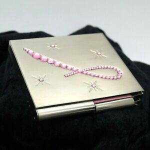Sticky Note Compact Case Silver Tone Pink RHINESTONES Stars 3 1/4&#034;