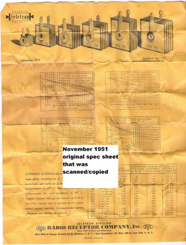 1951 spec sheet replica for seletron, radio receptor selenium power rectifiers for sale