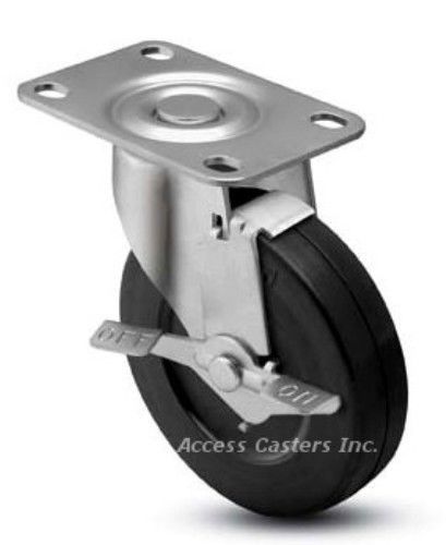 5SRERSB 5&#034; Swivel Plate Caster with Brake, Soft Rubber Wheel, 130 lbs Capacity
