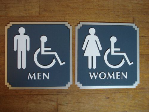 Handicapped men &amp; women rest room sign set - raised letters &amp; braille - 7.75 in for sale