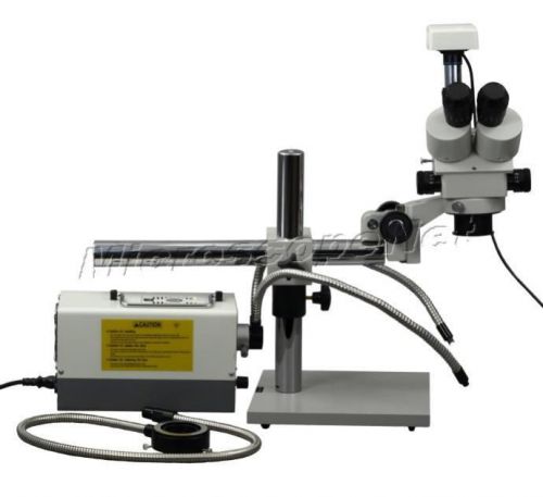 3.5X-90X Trinocular Stereo Zoom Boom Stand Microscope 3MP Camera Y&amp;R Fiber Light