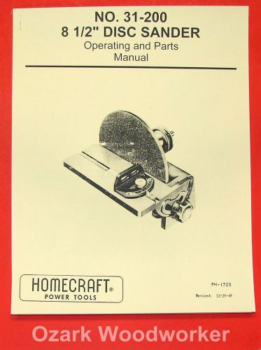 DELTA-Homecraft 8 1/2&#034; Disc Sander Operator&#039;s &amp; Parts Manual 0222