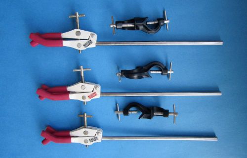 Three finge condenser clamp with boss head x 3 - flask handling lab supplies,-a for sale