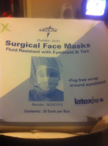 25 MEDLINE Surgical Face Masks Fluid Resistant w/ Eyeshield &amp; Ties Latex Free