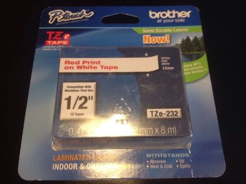 Genuine Brother Tze232 Tze-232 1/2&#034;x26.2ft Red Print/ White Tape