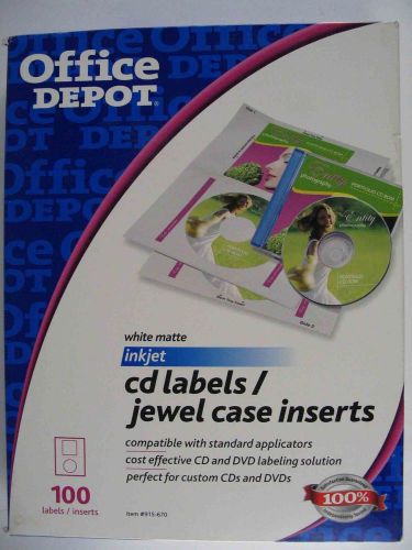 100 Office Depot CD Labels / Jewel Case Inserts White Matte 915-670