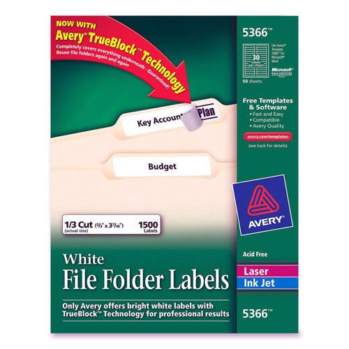 Avery White File Folder Labels Laser Ink Jet 1/3 cut 1500 Template 5366
