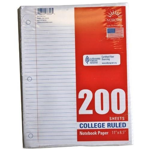 Norcom College Ruled Filler Paper, 11 x 8.5 Inches, 200 Sheets, White New