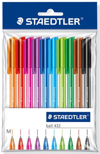 Staedtler Ball Point Pens 432 Medium (0.6mm) ~ 10 Colors Set ~ Brand New