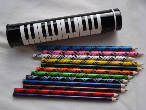 1 dz colored piano pencils in metal piano tube 7.25&#034; long great music gift new for sale