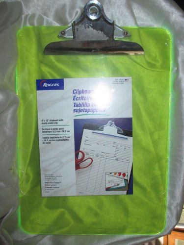 Rogers Clipboard w/ Sturdy Metal Clip, 9 in. x 12 in., Light Green See through
