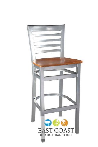 New Gladiator Silver Full Ladder Back Restaurant Bar Stool with Cherry Wood Seat