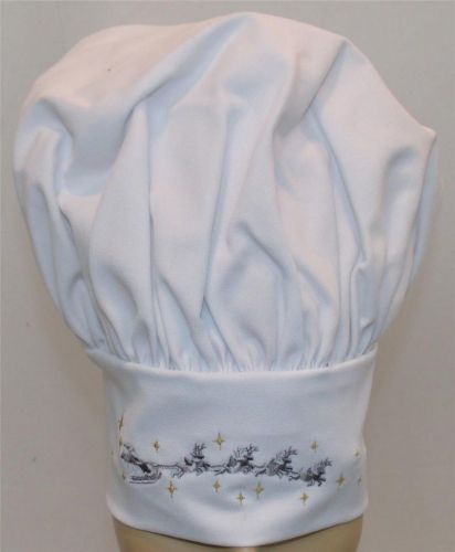 Santa Claus Flying Christmas Eve Reindeer Sleigh Chef Hat White Embroidered NWT