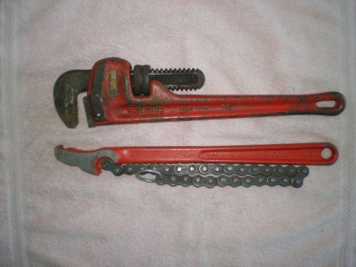 VINTAGE RIDGID 14&#039;&#039; PIPE WRENCH AND C-12 CHAIN WRENCH