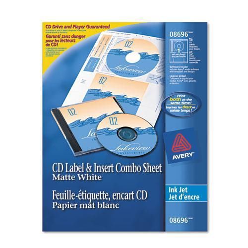NEW AVERY 8696 CD/DVD Inkjet Labels/Inserts, Matte White, 20 Labels and 20