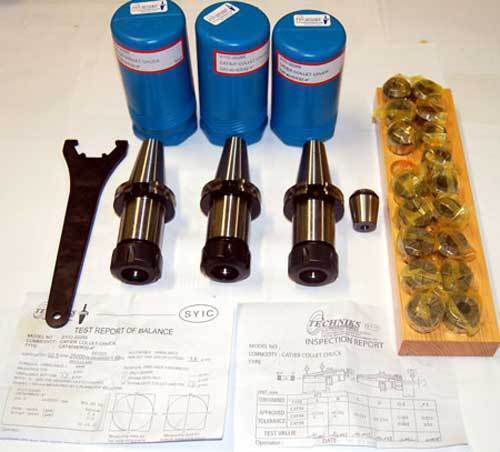 22 Pc. Techniks CAT 40 ER 32-4&#034; CNC Chucks Kit-18 x Coolant Collet Set,Wrench