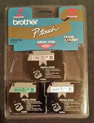 BROTHER P-Touch M TAPE 3/8&#034; M-E21 M-721 M-921 PINK GREEN SILVER ME793 ( 3-PACK )