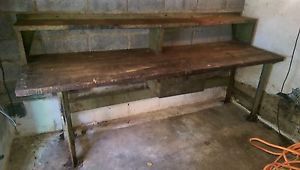 VINTAGE INDUSTRIAL WORK BENCH AWESOME PIECE..HEAVY 2&#034;+ THICK WOOD TOP STEEL BASE