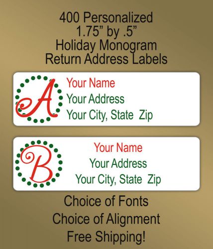 400 Personalized Whismical Christmas Monogram Printed Return Address Labels