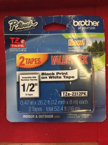 Brother TZe-231-2PK 1/2&#034; Black on White P-touch Tape 12mm Twin Pack, TZe2312PK