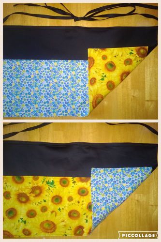 2 in 1 Reversible Sunflower / Flower waitress half apron, server waist 3 pocket